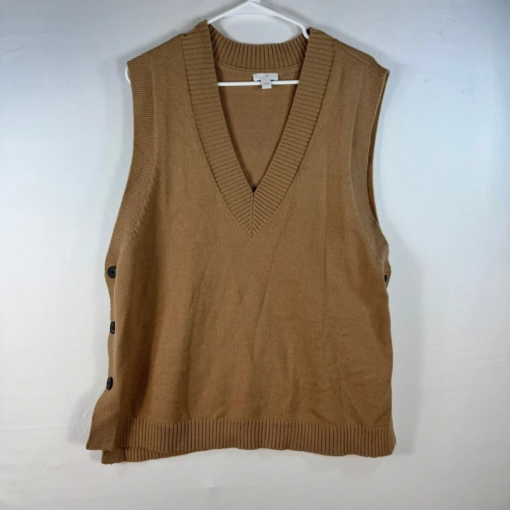 J. Jill Womens Camel Brown V-Neck Side Button Knit Sweater Vest Large SSW301541